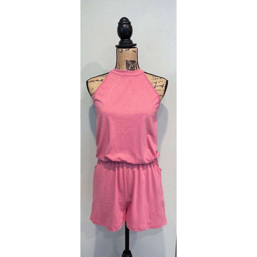 MEROKEETY Summer Halter Neck Shorts Elastic Waist Solid Color Jumpsuit Romper S - Picture 7 of 15